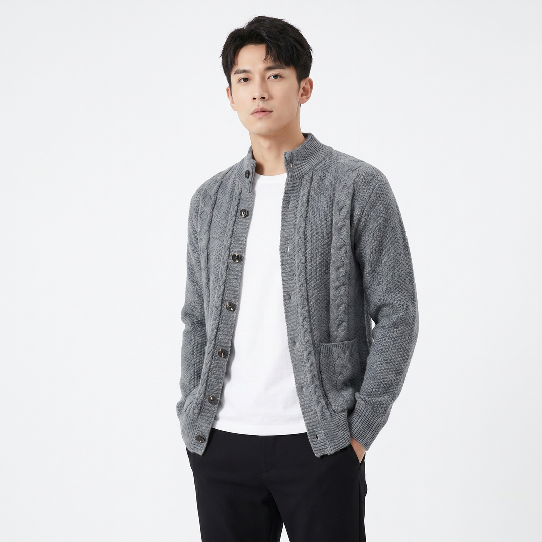 Men's Cable Knit Cardigan Stand Collar Button Front Mixed Stitch Sweater Jacket