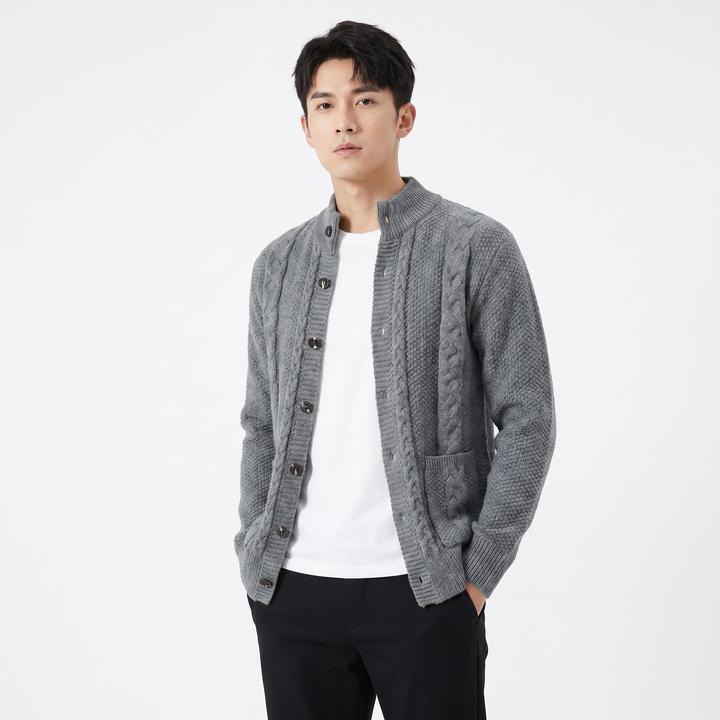 Men's Cable Knit Cardigan Stand Collar Button Front Mixed Stitch Sweater Jacket