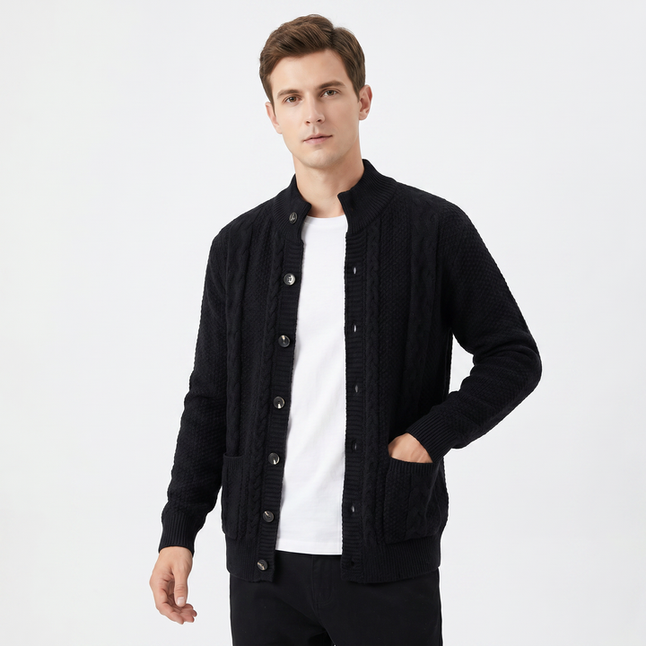 Men's Cable Knit Cardigan Stand Collar Button Front Mixed Stitch Sweater Jacket