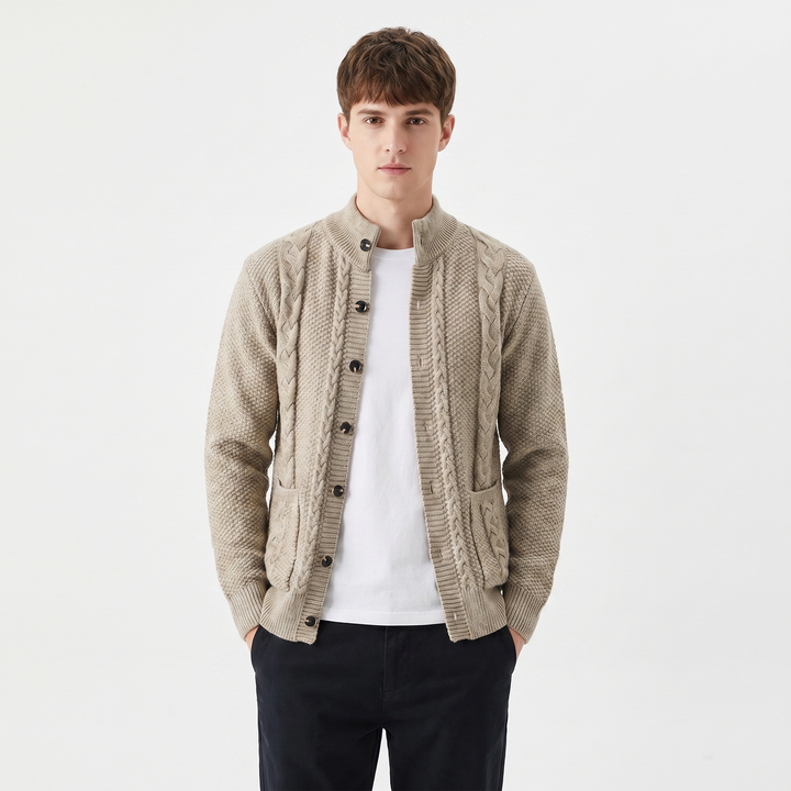 Men's Cable Knit Cardigan Stand Collar Button Front Mixed Stitch Sweater Jacket