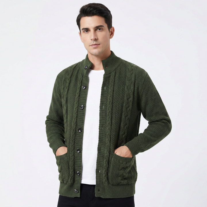 Men's Cable Knit Cardigan Stand Collar Button Front Mixed Stitch Sweater Jacket