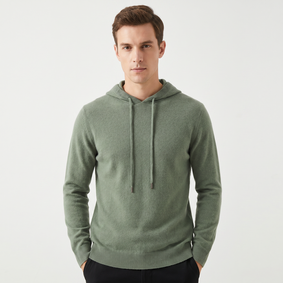 Men's Cashmere Blend Knit Hoodie Pullover Drawstring Fine Knit Luxury Sweater