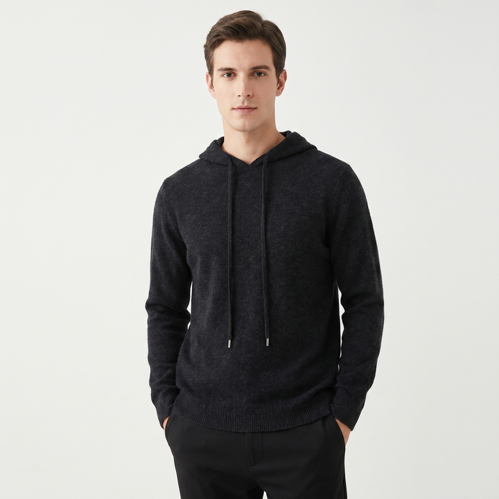 Men's Cashmere Blend Knit Hoodie Pullover Drawstring Fine Knit Luxury Sweater