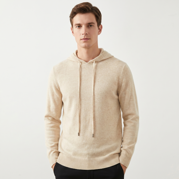 Men's Cashmere Blend Knit Hoodie Pullover Drawstring Fine Knit Luxury Sweater
