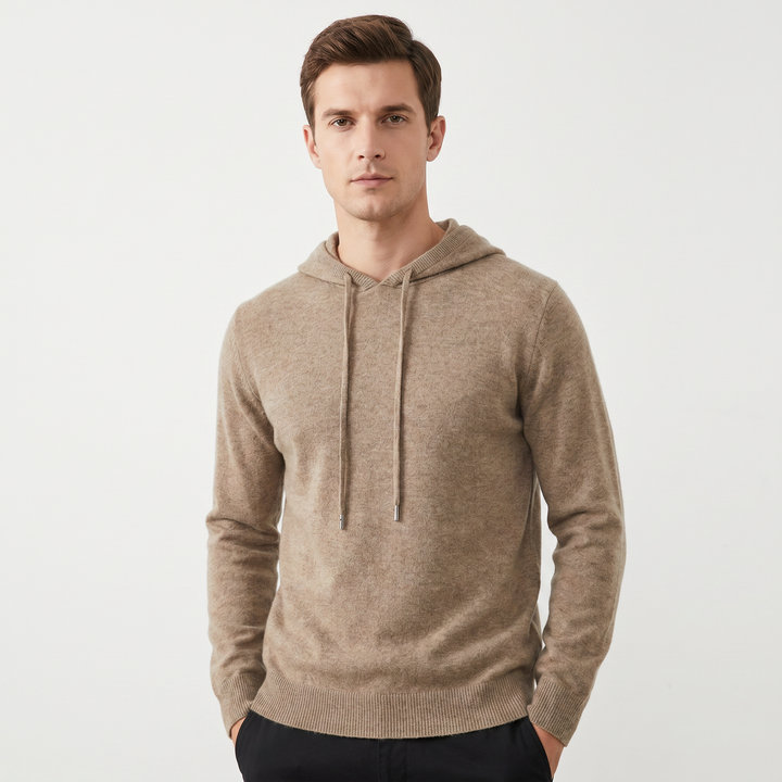Men's Cashmere Blend Knit Hoodie Pullover Drawstring Fine Knit Luxury Sweater