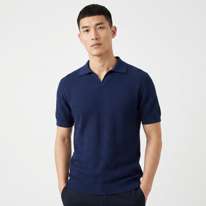 Men's Knit Polo Shirt Open Collar Textured Stitch Short Sleeve Smart Casual Top