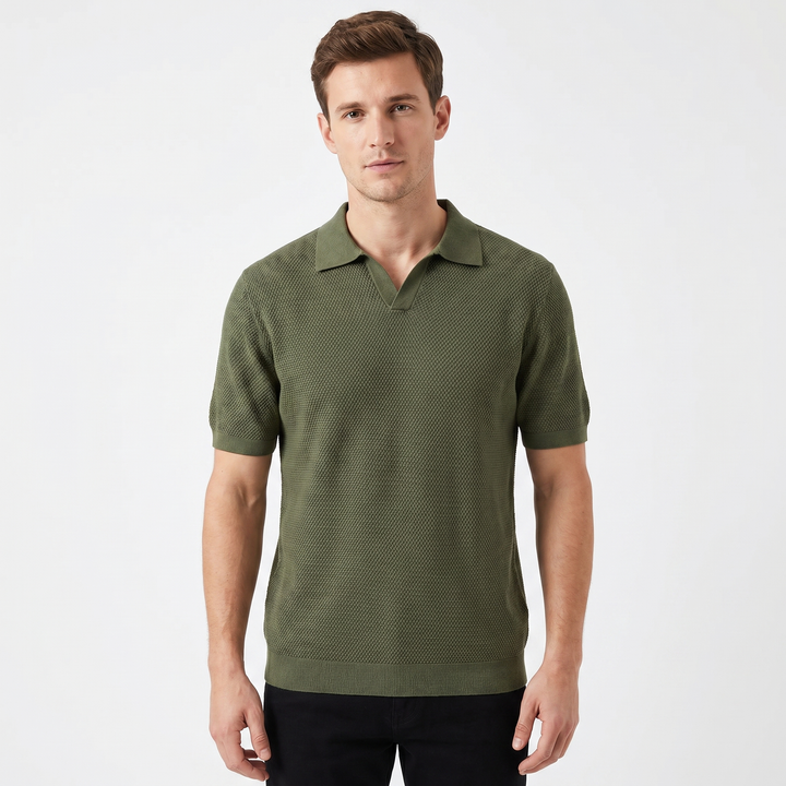 Men's Knit Polo Shirt Open Collar Textured Stitch Short Sleeve Smart Casual Top