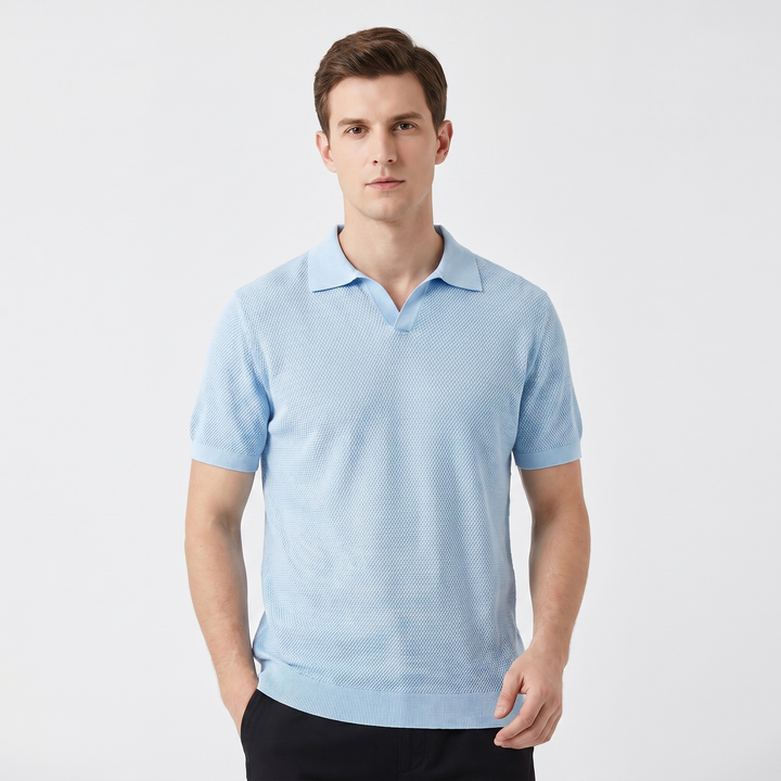 Men's Knit Polo Shirt Open Collar Textured Stitch Short Sleeve Smart Casual Top