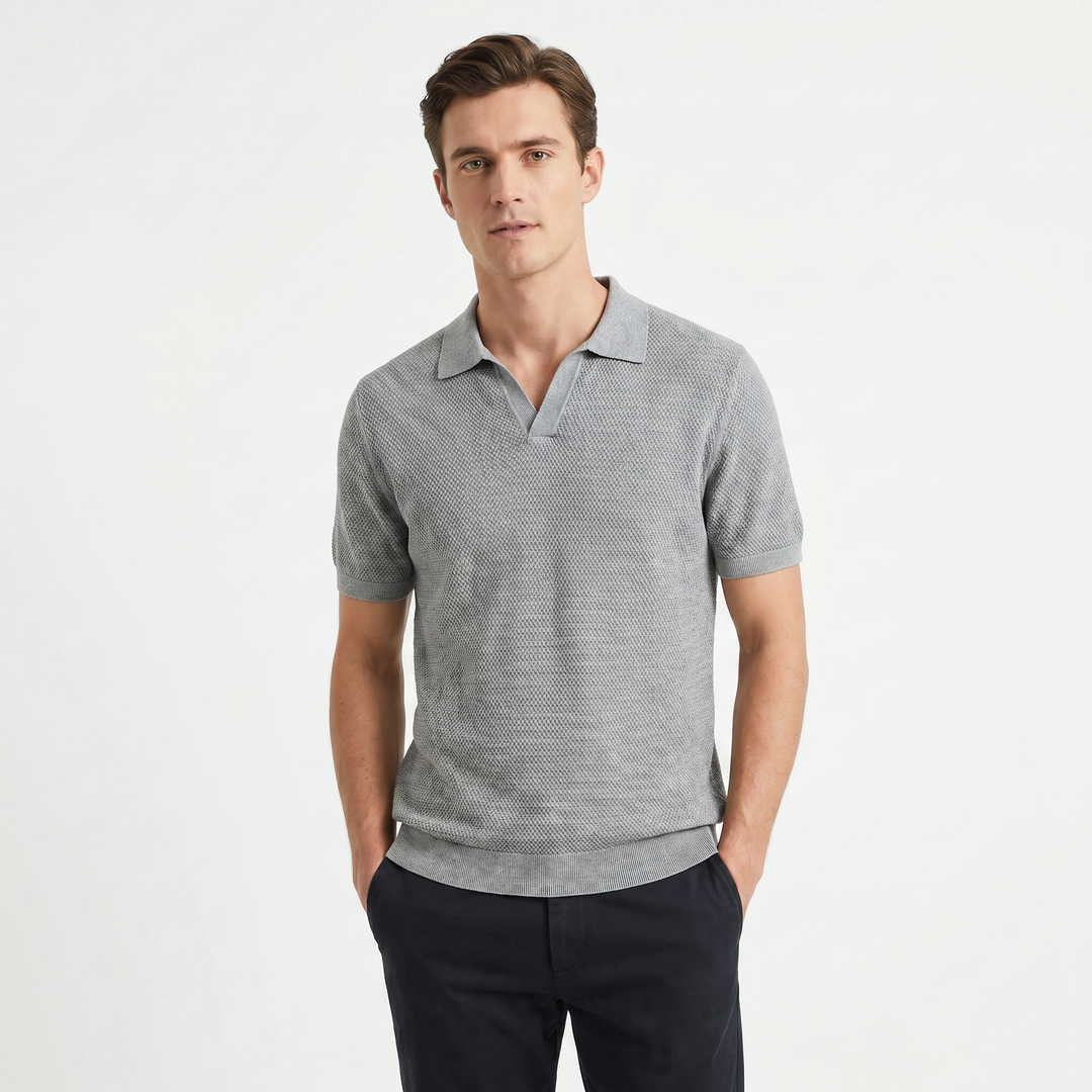 Men's Knit Polo Shirt Open Collar Textured Stitch Short Sleeve Smart Casual Top