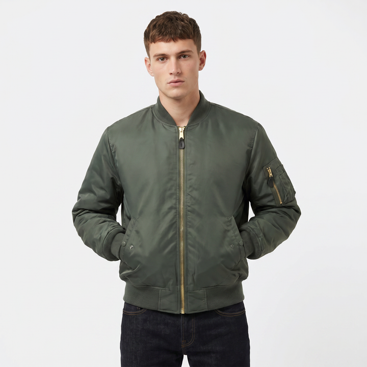 Men's MA-1 Flight Bomber Jacket Nylon Shell Gold Zip Padded Military Casual Coat