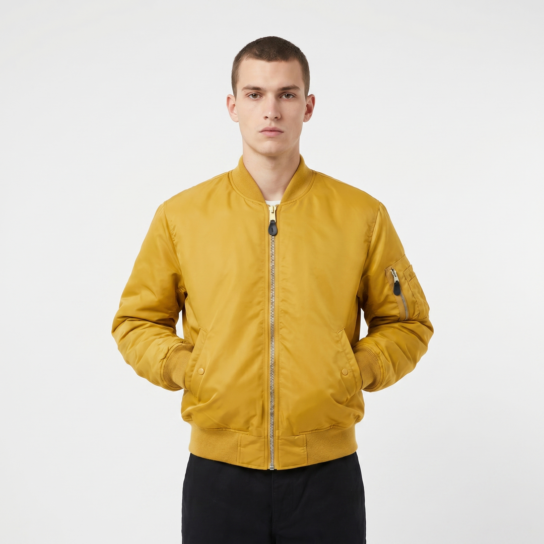 Men's MA-1 Flight Bomber Jacket Nylon Shell Gold Zip Padded Military Casual Coat