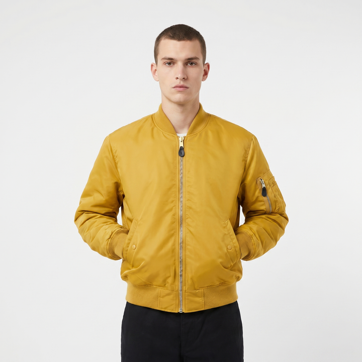 Men's MA-1 Flight Bomber Jacket Nylon Shell Gold Zip Padded Military Casual Coat