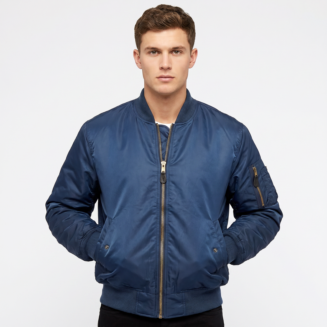 Men's MA-1 Flight Bomber Jacket Nylon Shell Gold Zip Padded Military Casual Coat