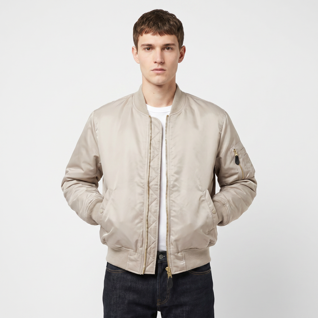 Men's MA-1 Flight Bomber Jacket Nylon Shell Gold Zip Padded Military Casual Coat
