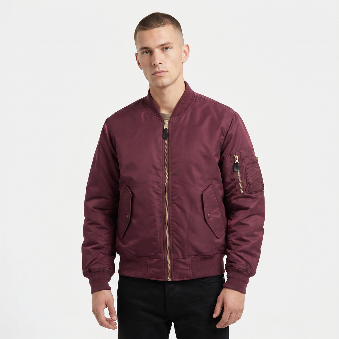 Men's MA-1 Flight Bomber Jacket Nylon Shell Gold Zip Padded Military Casual Coat