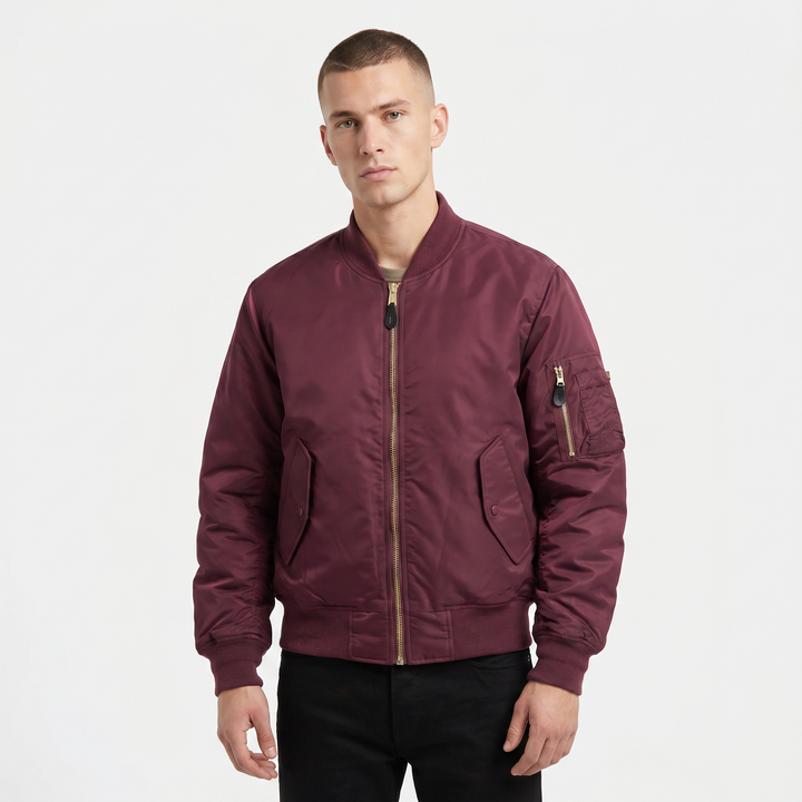 Men's MA-1 Flight Bomber Jacket Nylon Shell Gold Zip Padded Military Casual Coat