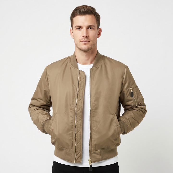 Men's MA-1 Flight Bomber Jacket Nylon Shell Gold Zip Padded Military Casual Coat