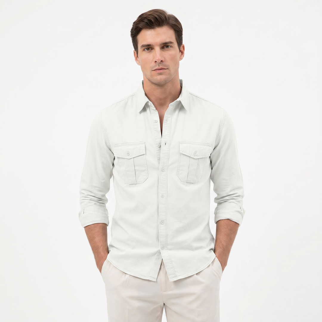 Men's Cotton Utility Shirt Long Sleeve Dual Chest Pocket Button Up Casual Shirt