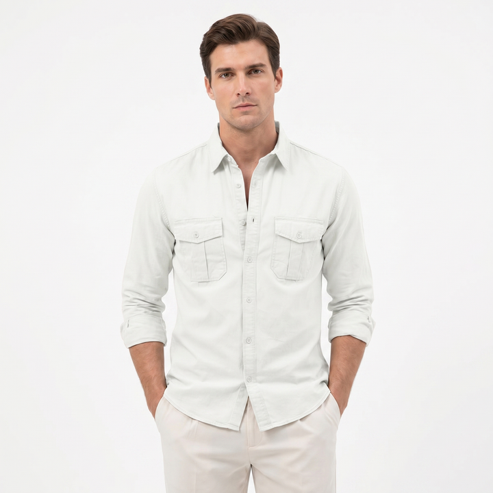 Men's Cotton Utility Shirt Long Sleeve Dual Chest Pocket Button Up Casual Shirt