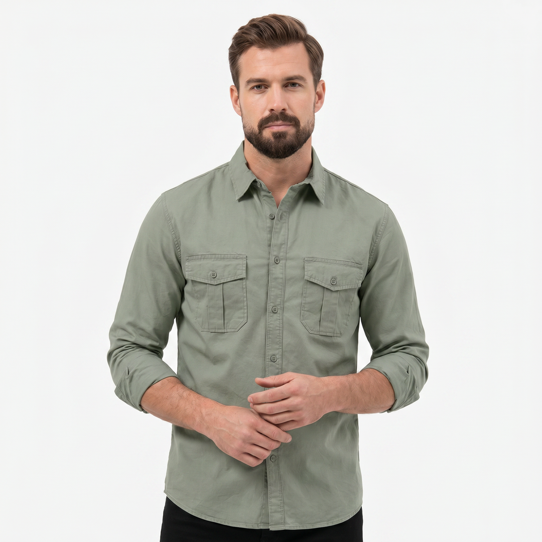 Men's Cotton Utility Shirt Long Sleeve Dual Chest Pocket Button Up Casual Shirt