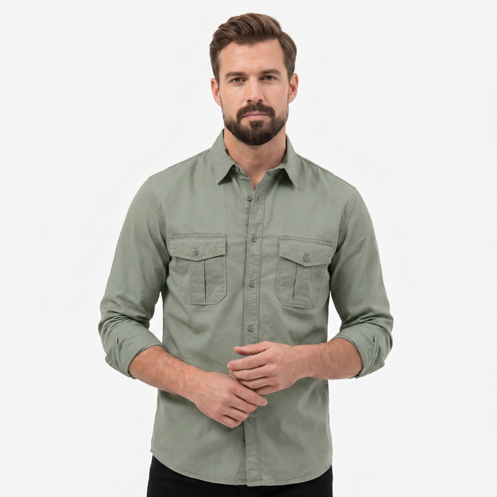 Men's Cotton Utility Shirt Long Sleeve Dual Chest Pocket Button Up Casual Shirt