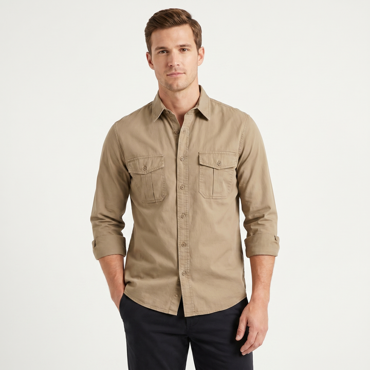 Men's Cotton Utility Shirt Long Sleeve Dual Chest Pocket Button Up Casual Shirt