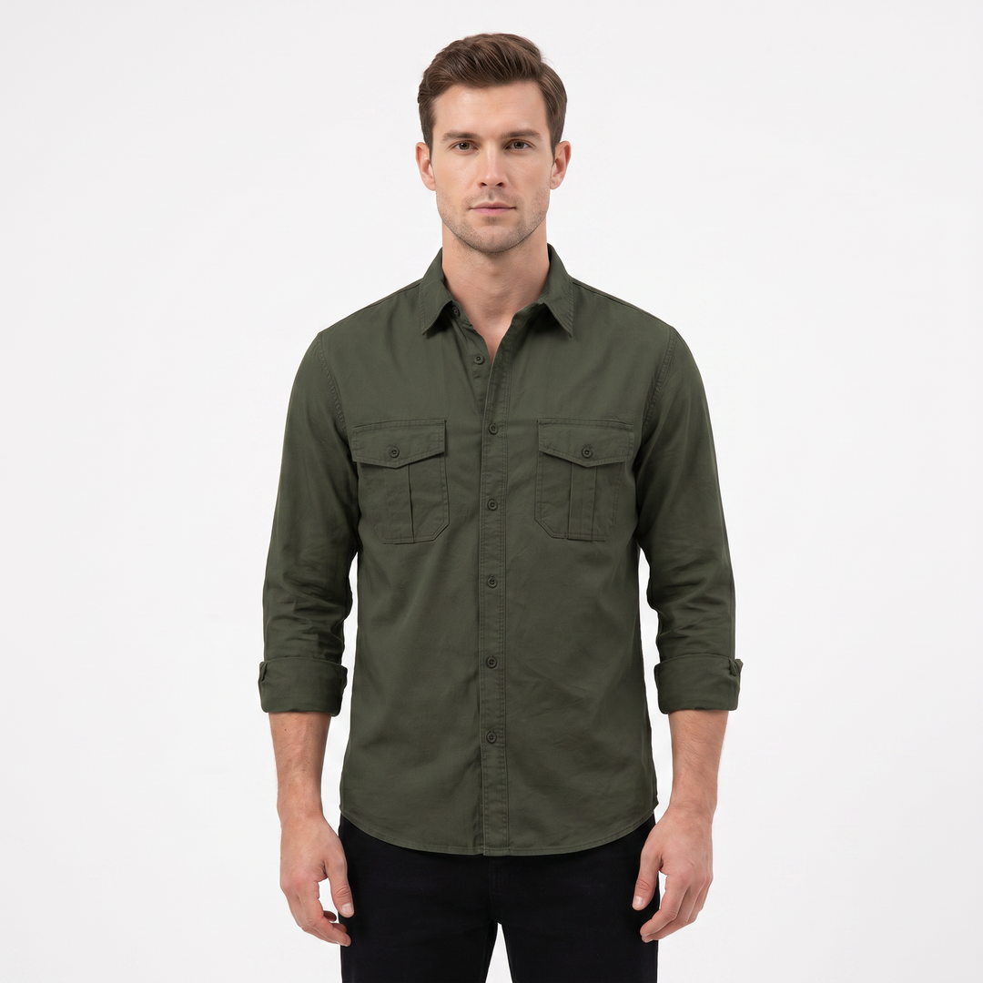 Men's Cotton Utility Shirt Long Sleeve Dual Chest Pocket Button Up Casual Shirt