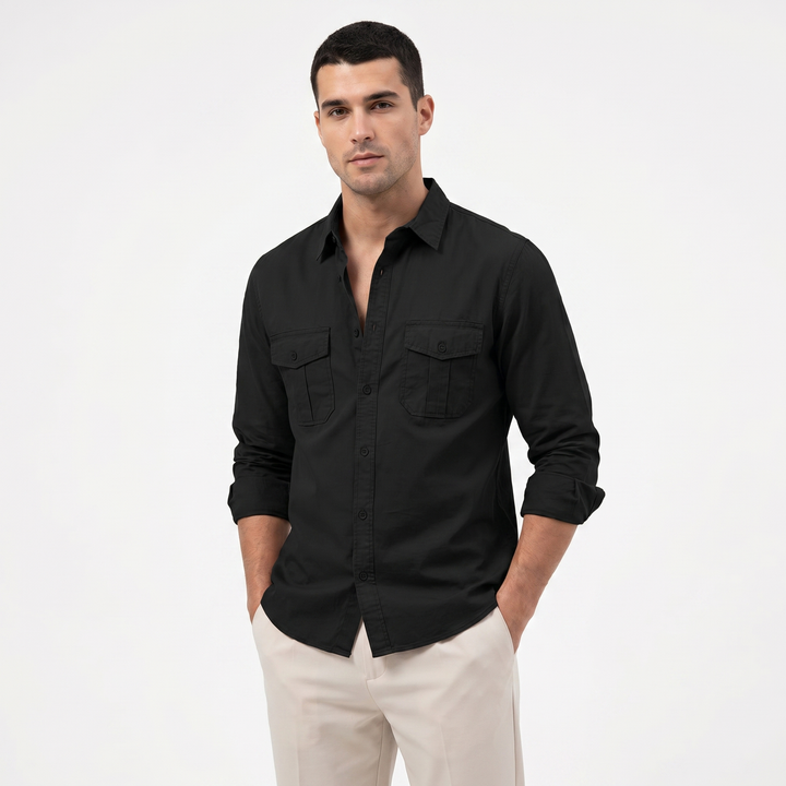 Men's Cotton Utility Shirt Long Sleeve Dual Chest Pocket Button Up Casual Shirt