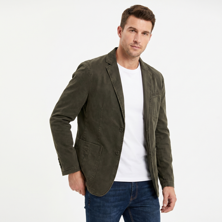Men's Washed Cotton Casual Blazer Unstructured Notch Lapel Two Button Smart Jacket