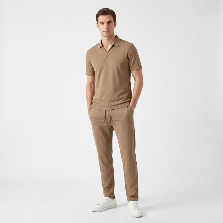 Men's Polo Shirt Slim Tapered Trouser Co-Ord Set Textured Smart Casual Two Piece