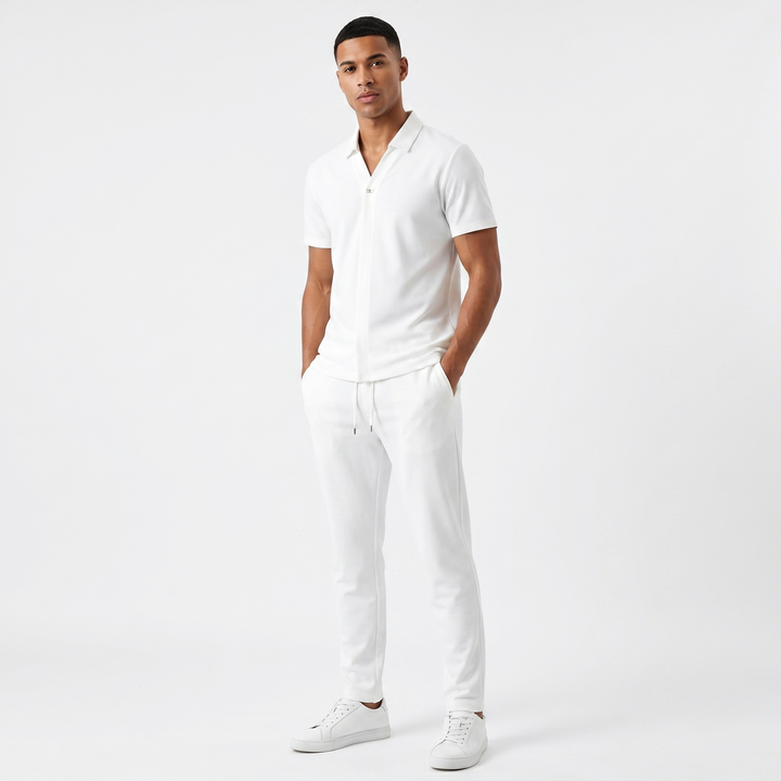 Men's Polo Shirt Slim Tapered Trouser Co-Ord Set Textured Smart Casual Two Piece