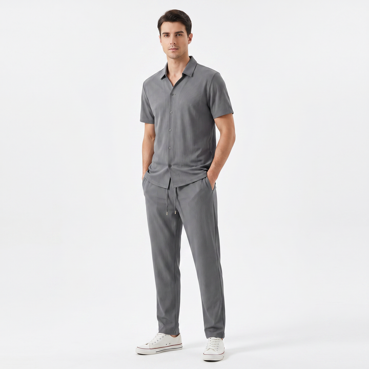 Men's Polo Shirt Slim Tapered Trouser Co-Ord Set Textured Smart Casual Two Piece