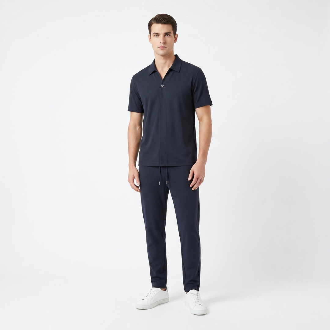 Men's Polo Shirt Slim Tapered Trouser Co-Ord Set Textured Smart Casual Two Piece