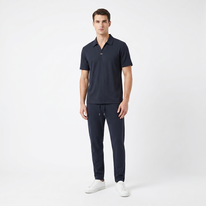 Men's Polo Shirt Slim Tapered Trouser Co-Ord Set Textured Smart Casual Two Piece
