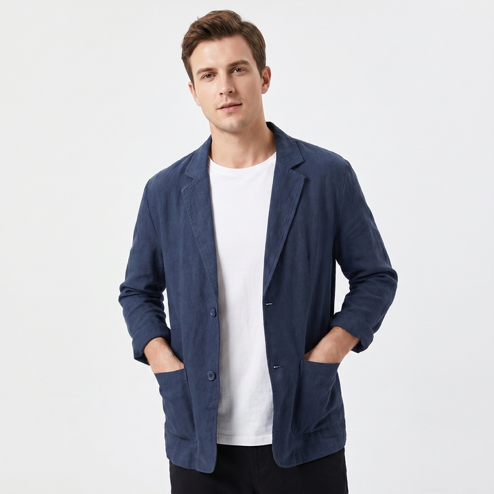 Men's Linen Blazer Unstructured Notch Lapel Two Button Casual Summer Jacket