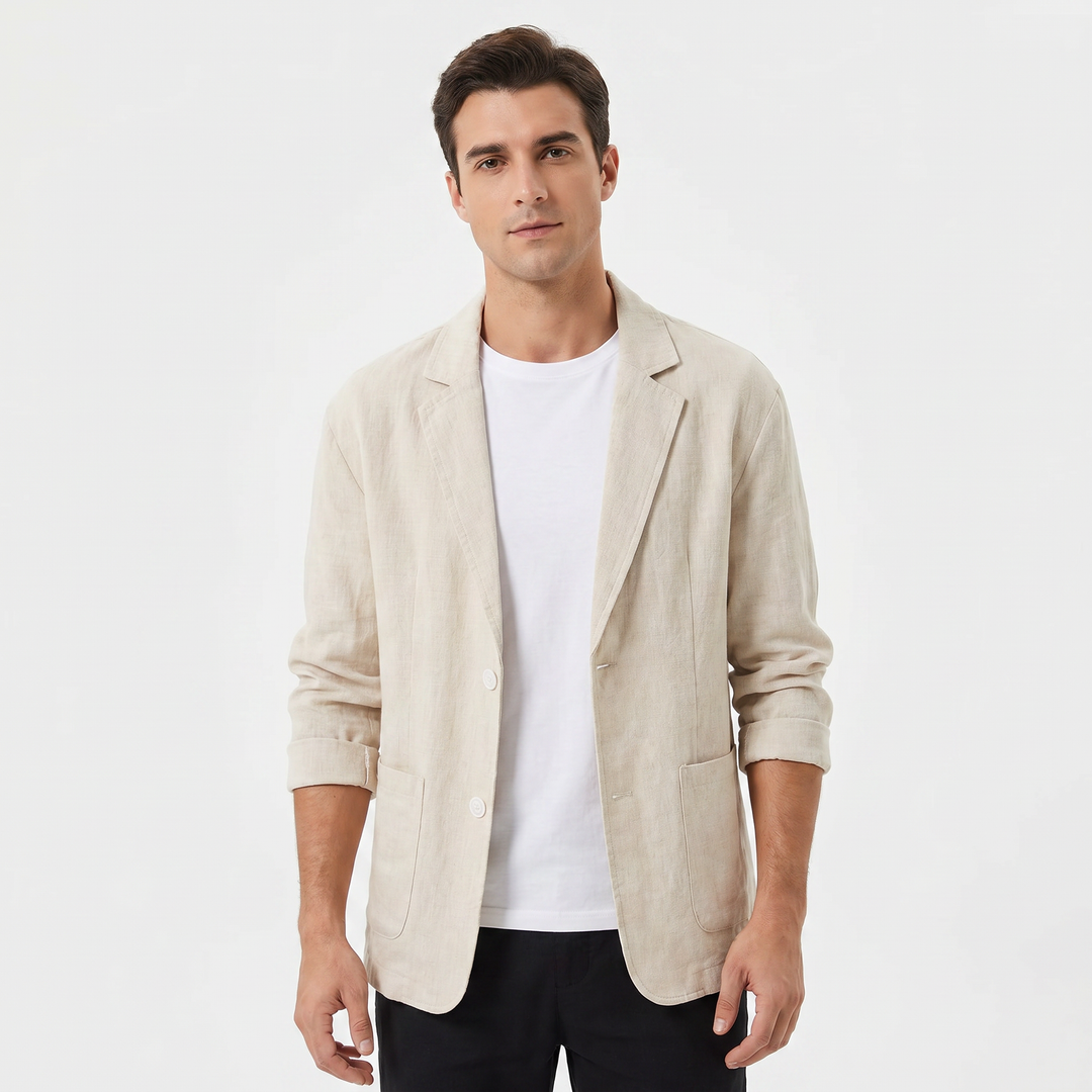 Men's Linen Blazer Unstructured Notch Lapel Two Button Casual Summer Jacket