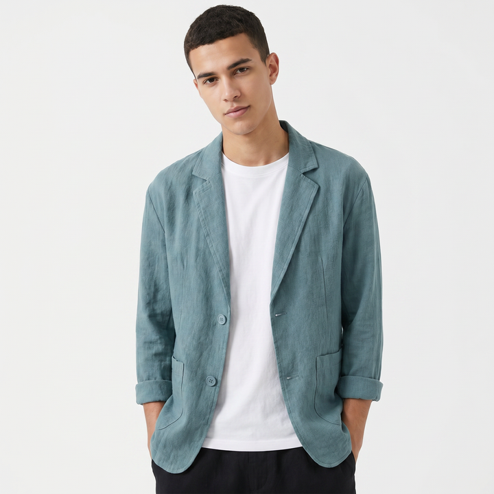 Men's Linen Blazer Unstructured Notch Lapel Two Button Casual Summer Jacket