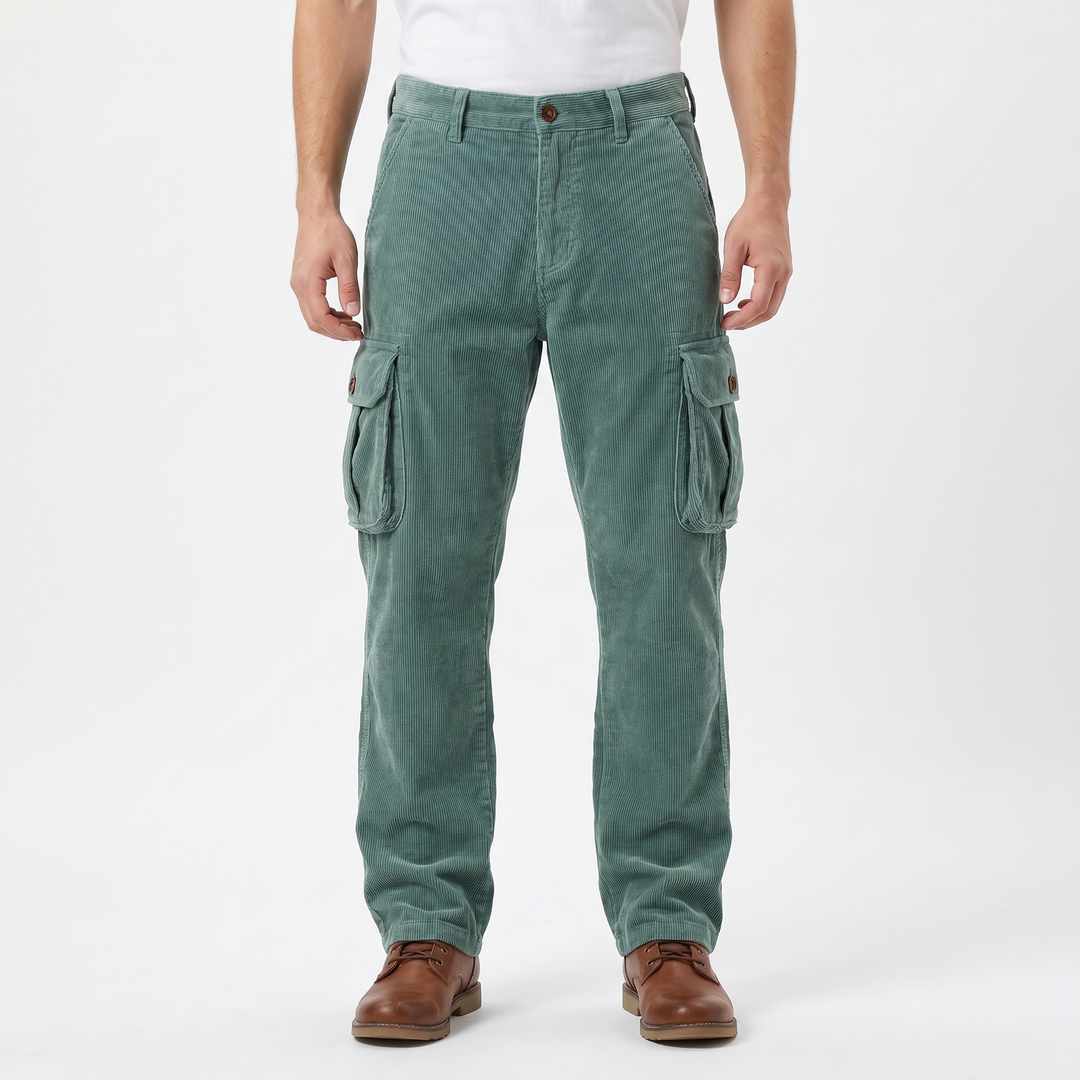 Men's Corduroy Cargo Pants Relaxed Fit Thigh Pocket Washed Utility Trousers