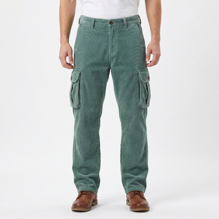 Men's Corduroy Cargo Pants Relaxed Fit Thigh Pocket Washed Utility Trousers