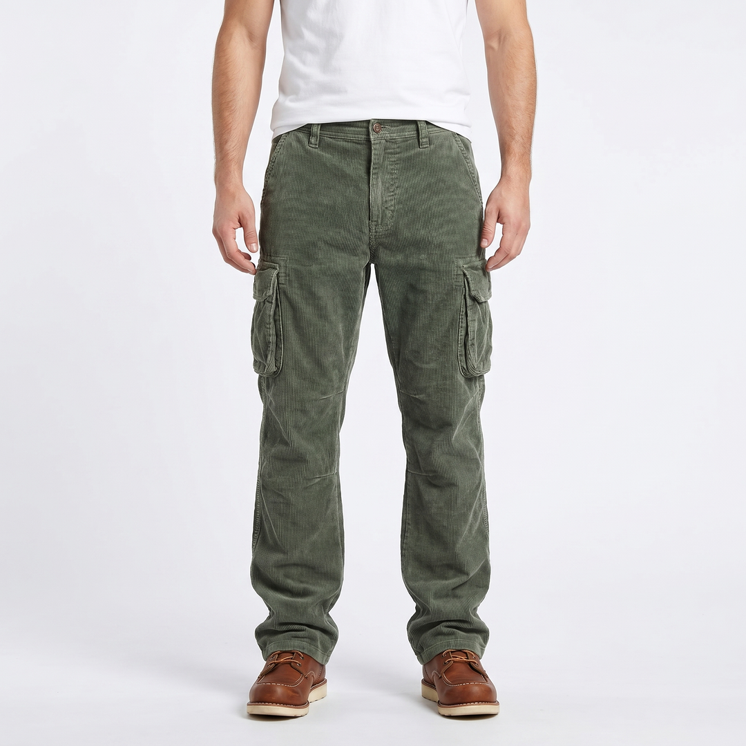 Men's Corduroy Cargo Pants Relaxed Fit Thigh Pocket Washed Utility Trousers