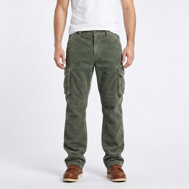 Men's Corduroy Cargo Pants Relaxed Fit Thigh Pocket Washed Utility Trousers
