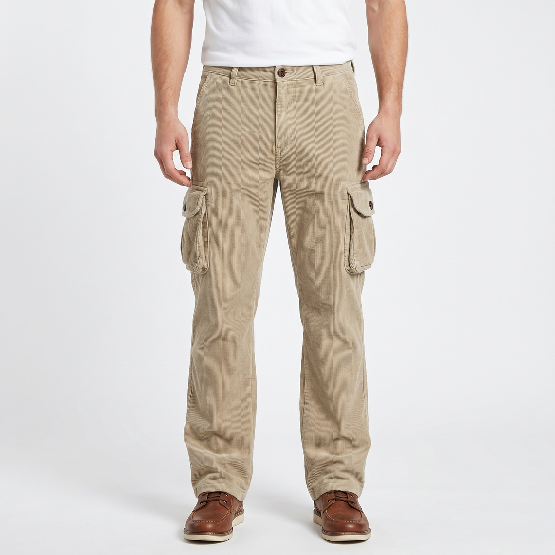 Men's Corduroy Cargo Pants Relaxed Fit Thigh Pocket Washed Utility Trousers