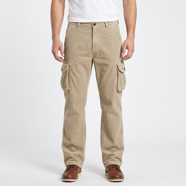 Men's Corduroy Cargo Pants Relaxed Fit Thigh Pocket Washed Utility Trousers