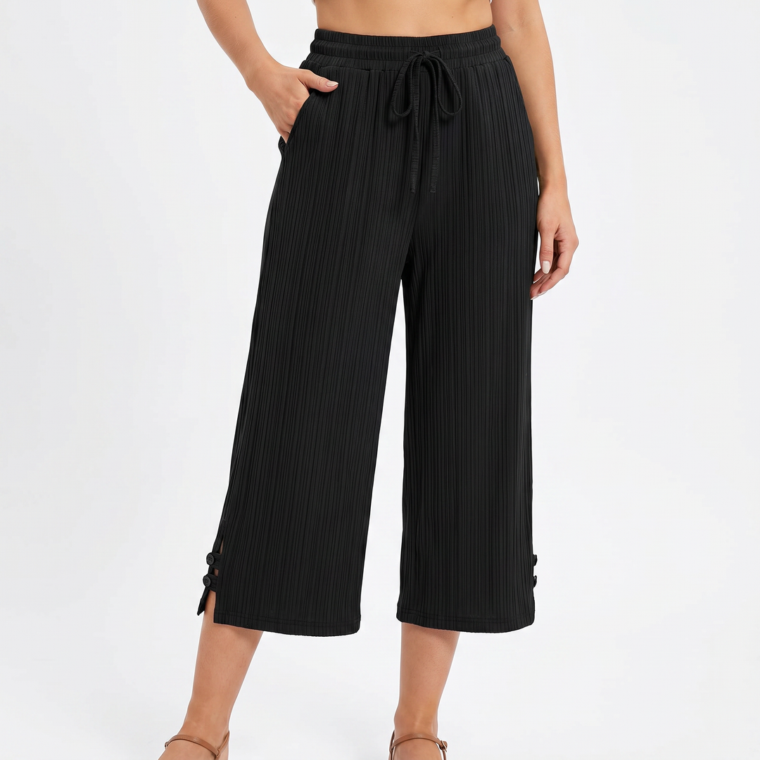Women's Wide Leg Cropped Pants Drawstring Elastic Waist Textured Casual Trousers