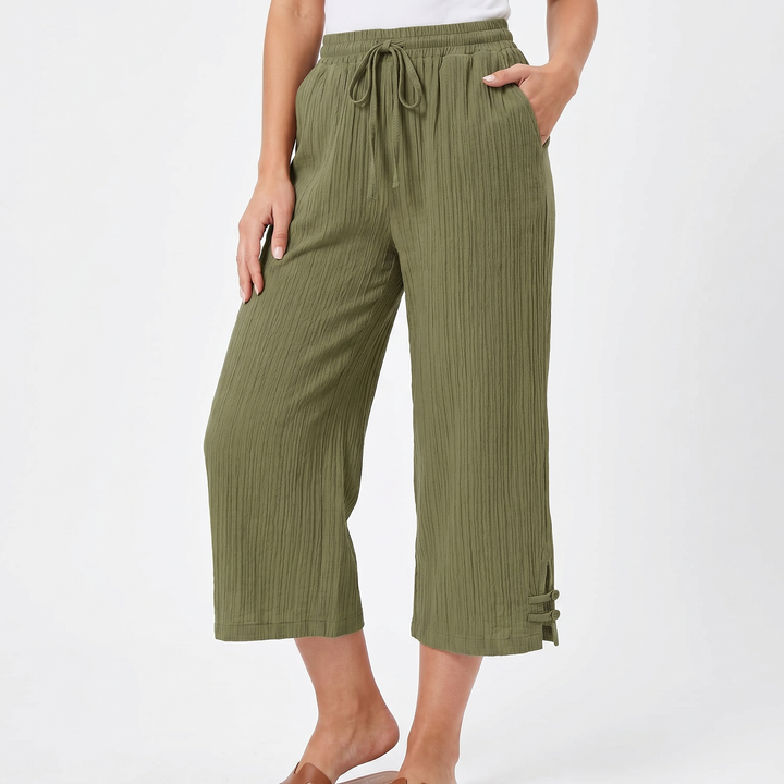 Women's Wide Leg Cropped Pants Drawstring Elastic Waist Textured Casual Trousers