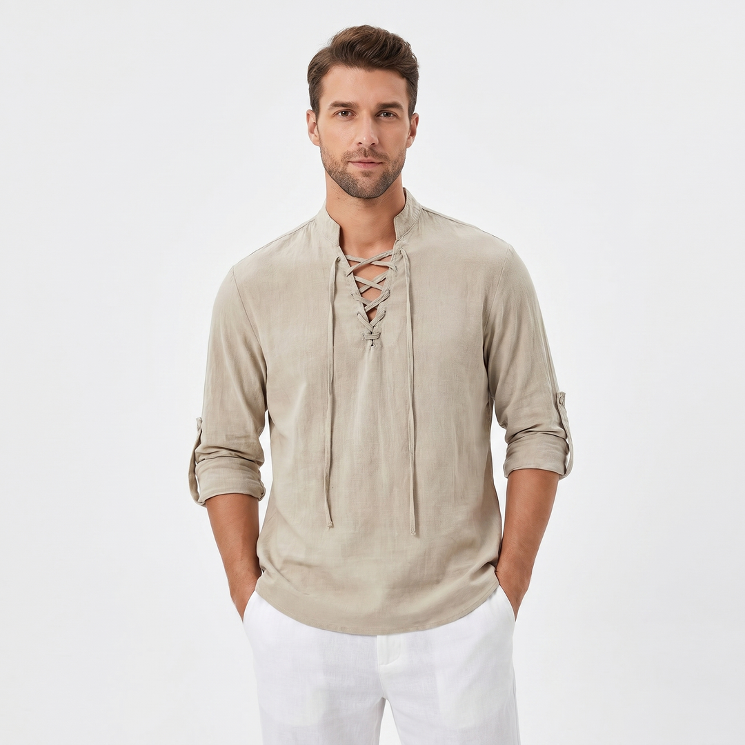 Men's Linen Pullover Shirt Lace Up V Neck Band Collar Long Sleeve Resort Casual