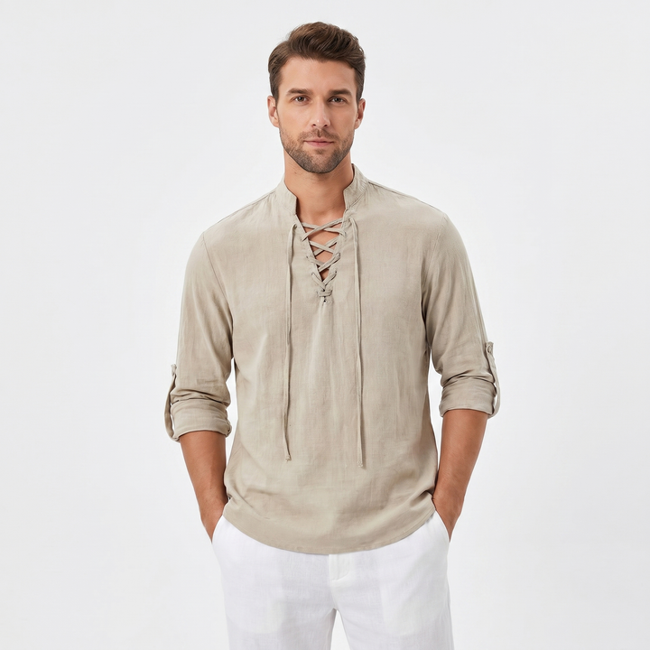 Men's Linen Pullover Shirt Lace Up V Neck Band Collar Long Sleeve Resort Casual