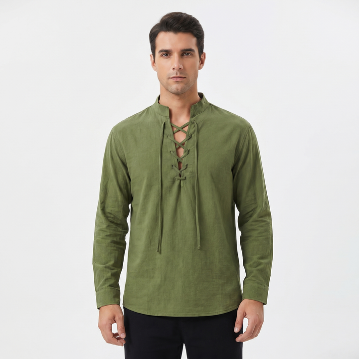 Men's Linen Pullover Shirt Lace Up V Neck Band Collar Long Sleeve Resort Casual