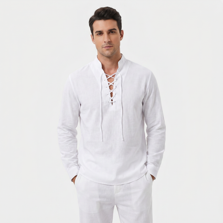 Men's Linen Pullover Shirt Lace Up V Neck Band Collar Long Sleeve Resort Casual
