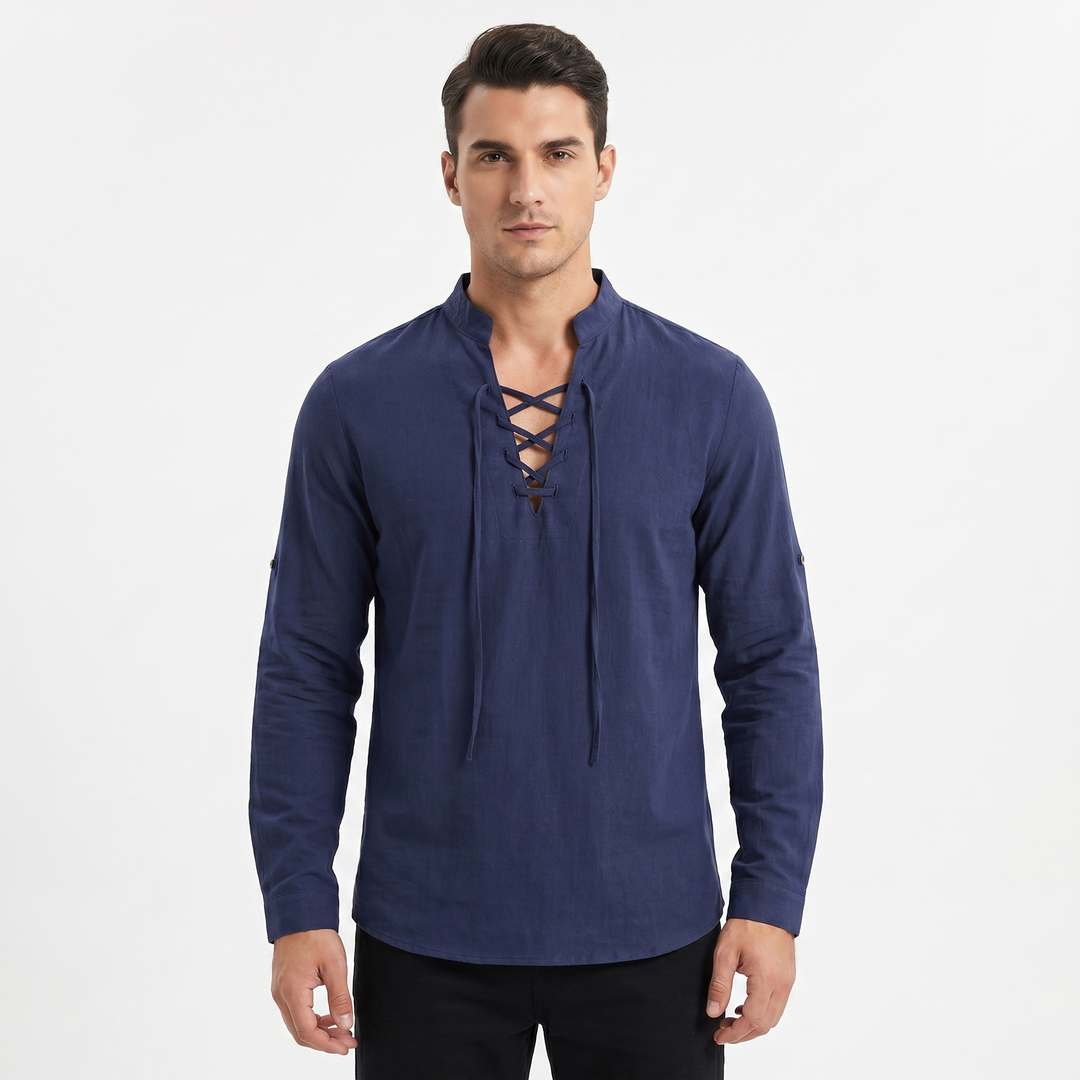 Men's Linen Pullover Shirt Lace Up V Neck Band Collar Long Sleeve Resort Casual